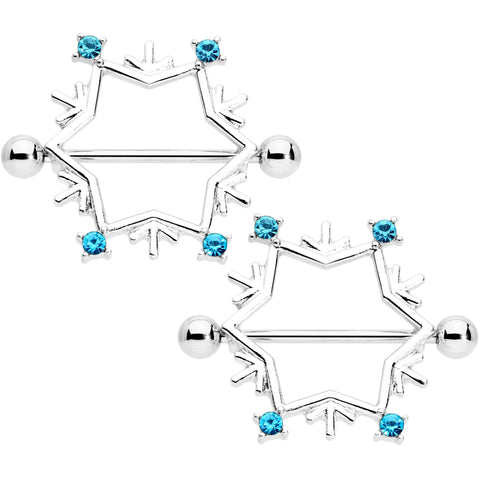 14G 3/4 Aqua Gem Snowflake Christmas Nipple Shield Set