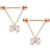 14G 11/16 Clear CZ Gem Rose Gold Hue Bow Chain Nipple Ring Set