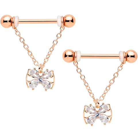 14G 11/16 Clear CZ Gem Rose Gold Hue Bow Chain Nipple Ring Set