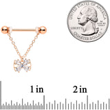 14G 11/16 Clear CZ Gem Rose Gold Hue Bow Chain Nipple Ring Set