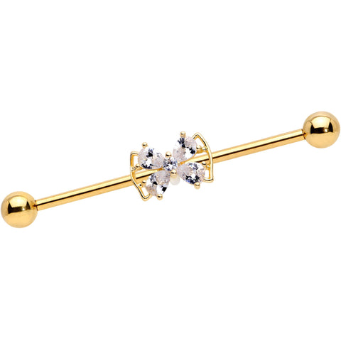 14G Clear CZ Gem Gold Tone Beauty Bow Industrial Barbell 38mm