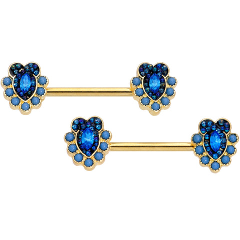 14G 9/16 Blue Gem Gold Tone Opulent Oval Barbell Nipple Ring Set