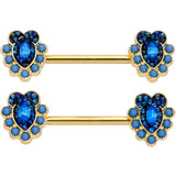 14G 9/16 Blue Gem Gold Tone Opulent Oval Barbell Nipple Ring Set