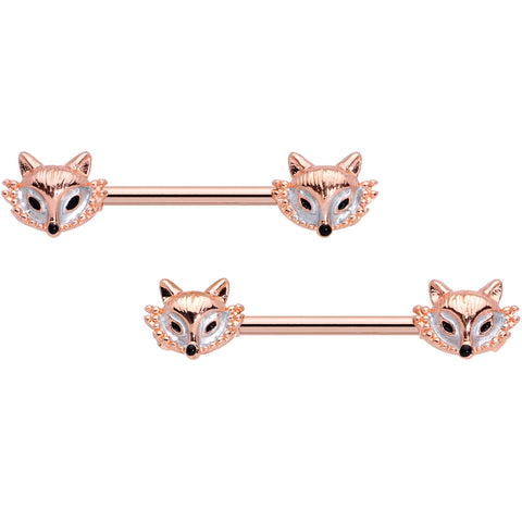 14G 9/16 Rose Gold Tone Fashion Fox Barbell Nipple Ring Set