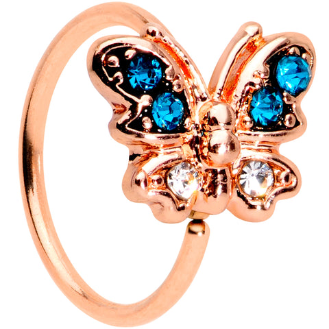 20G 5/16 Clear Blue Gem Rose Gold Tone Glam Butterfly Nose Hoop