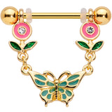 14G 9/16 Clear Gem Gold Tone Butterfly Flower Nipple Ring Set