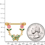 14G 9/16 Clear Gem Gold Tone Butterfly Flower Nipple Ring Set