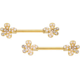 14G 9/16 Clear Gem Gold Tone Style Splat Barbell Nipple Ring Set