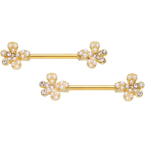 14G 9/16 Clear Gem Gold Tone Style Splat Barbell Nipple Ring Set