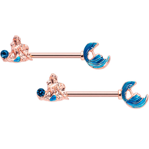 14G 9/16 Aqua Gem Rose Gold Tone Gazing Mermaids Nipple Ring Set
