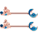 14G 9/16 Aqua Gem Rose Gold Tone Gazing Mermaids Nipple Ring Set
