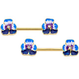 14G 9/16 Clear Gem Gold Tone Blue Spring Flower Nipple Ring Set