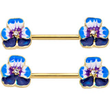 14G 9/16 Clear Gem Gold Tone Blue Spring Flower Nipple Ring Set