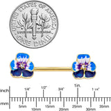 14G 9/16 Clear Gem Gold Tone Blue Spring Flower Nipple Ring Set