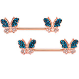 14G 9/16 Clear Aqua Gem Rose Gold Tone Butterfly Nipple Ring Set