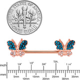 14G 9/16 Clear Aqua Gem Rose Gold Tone Butterfly Nipple Ring Set