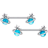 14G 9/16 Aqua Gem Star Saturn Barbell Nipple Ring Set