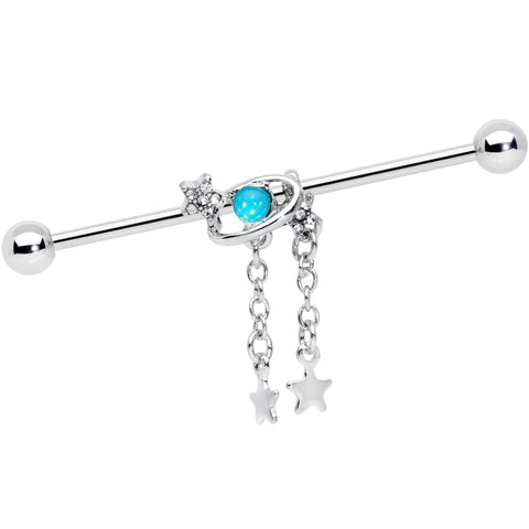 14G Clear Aqua Gem Saturn Stars Dangle Industrial Barbell 38mm