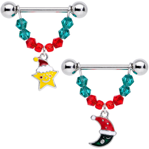 14G 9/16 Red Green Gem Star Moon Christmas Dangle Nipple Ring Set