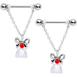 14G 11/16 Red Gem Bell Christmas Chain Dangle Nipple Ring Set