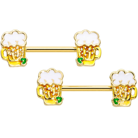 14G 9/16 Gold Tone Beer Mug St Patricks Day Nipple Ring Set