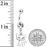 Clear Gem Blue Eyed White Cat Dangle Belly Ring