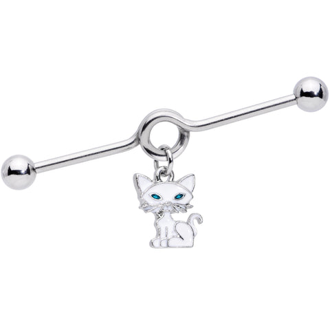 14G Blue Eyed White Cat Dangle Project Barbell 38mm