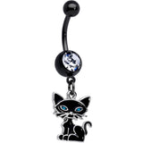 Clear Gem Black Blue Eyed Black Cat Dangle Belly Ring
