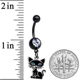 Clear Gem Black Blue Eyed Black Cat Dangle Belly Ring