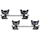 14G 9/16 Blue Eyed Black Cat Barbell Nipple Ring Set