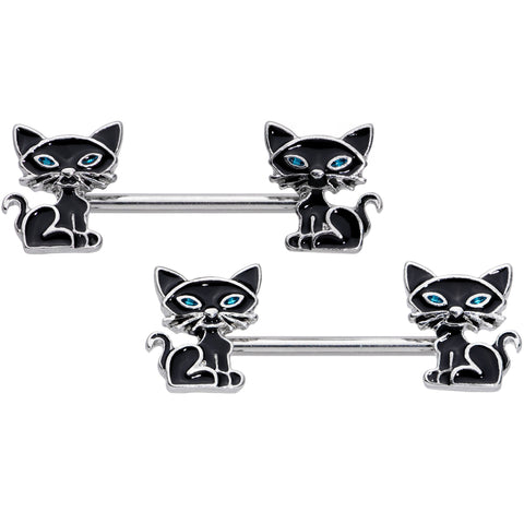14G 9/16 Blue Eyed Black Cat Barbell Nipple Ring Set