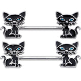 14G 9/16 Blue Eyed Black Cat Barbell Nipple Ring Set