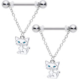 14G 9/16 Blue Eyed White Cat Dangle Barbell Nipple Ring Set