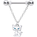 14G 9/16 Blue Eyed White Cat Dangle Barbell Nipple Ring Set
