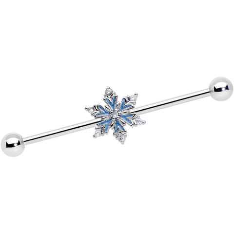 14G Clear CZ Gem Blue Snowflake Christmas Industrial Barbell 38mm