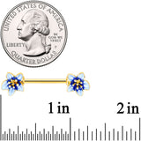 14G 9/16 Gold Tone White Blue Flower Barbell Nipple Ring Set