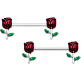 14G 9/16 Red Rose Flower Valentines Barbell Nipple Ring Set