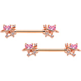 14G 9/16 Pink Gem Rose Gold Tone Star Barbell Nipple Ring Set