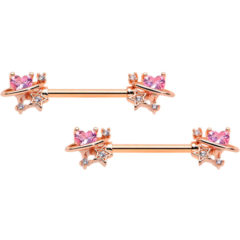 14G 9/16 Pink Gem Rose Gold Tone Star Barbell Nipple Ring Set