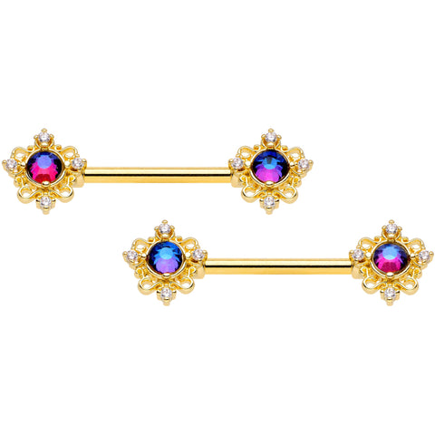 14G 9/16 Purple Tourmaline Gold Tone Filigree Nipple Ring Set