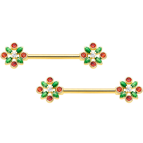 14G 5/8 Red Gem Gold Tone Crest Christmas Barbell Nipple Ring Set