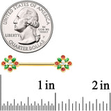 14G 5/8 Red Gem Gold Tone Crest Christmas Barbell Nipple Ring Set