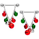 14G 5/8 Red Green Bell Christmas Chain Dangle Nipple Ring Set