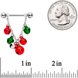 14G 5/8 Red Green Bell Christmas Chain Dangle Nipple Ring Set