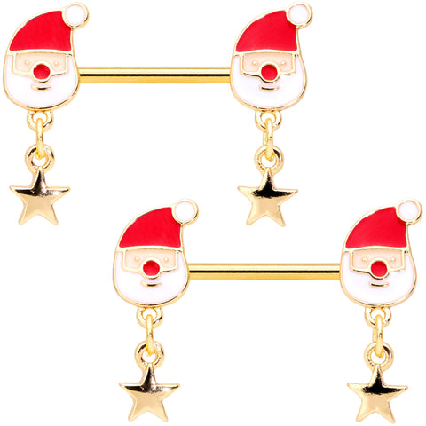 14G 9/16 Gold Tone Santa Star Christmas Dangle Nipple Ring Set