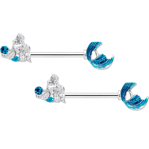 14G 9/16 Aqua Gem Gazing Mermaids Barbell Nipple Ring Set