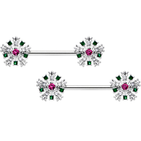 14G 9/16 Clear Pink Green Gem Snowflake Barbell Nipple Ring Set