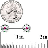 14G 9/16 Clear Pink Green Gem Snowflake Barbell Nipple Ring Set