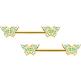 14G 9/16 Gold Tone Green Inlay Butterfly Barbell Nipple Ring Set