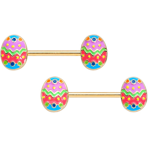 14G 9/16 Gold Tone Painted Easter Egg Barbell Nipple Ring Set